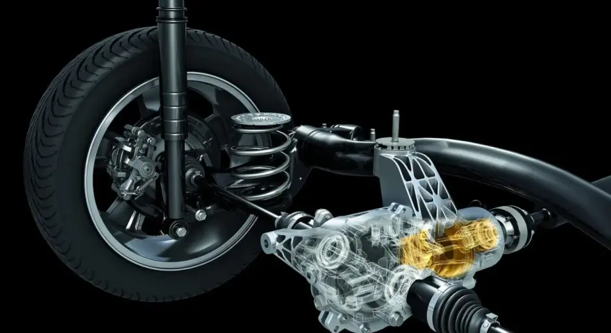 Przekładnia z widocznym mechanizmem napędu 4x4 dołączany automatycznie. Widoczna sprężyna, amortyzator i półosie.