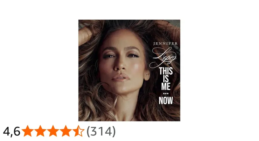 Jennifer Lopez w okładce albumu "This Is Me... Now". Gwiazda z burzą brązowych włosów, zmysłowym spojrzeniem i napisem "This Is Me... Now".