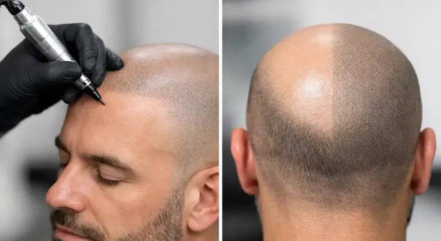 Un hombre recibe micropigmentación capilar para simular cabello. La imagen muestra el proceso y el resultado parcial.