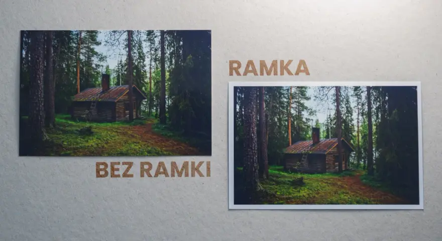Dwa zdjęcia leśnej chatki: jedno bez ramki, drugie w formacie 13x18 z ramką.