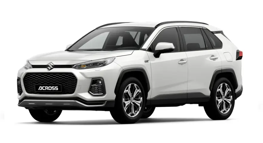 Biały SUV Suzuki Across 4x4 z napędem hybrydowym plug-in, widok z przodu.