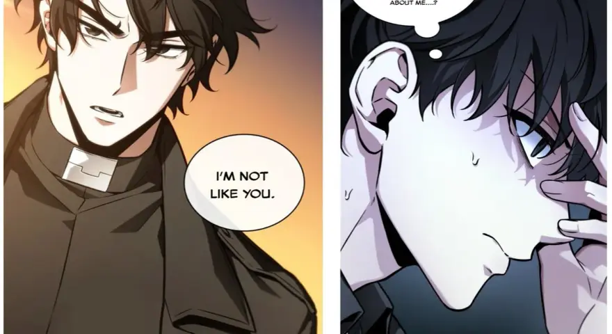 Zwei Manga-Charaktere, einer mit Priesterkragen, der andere nachdenklich.