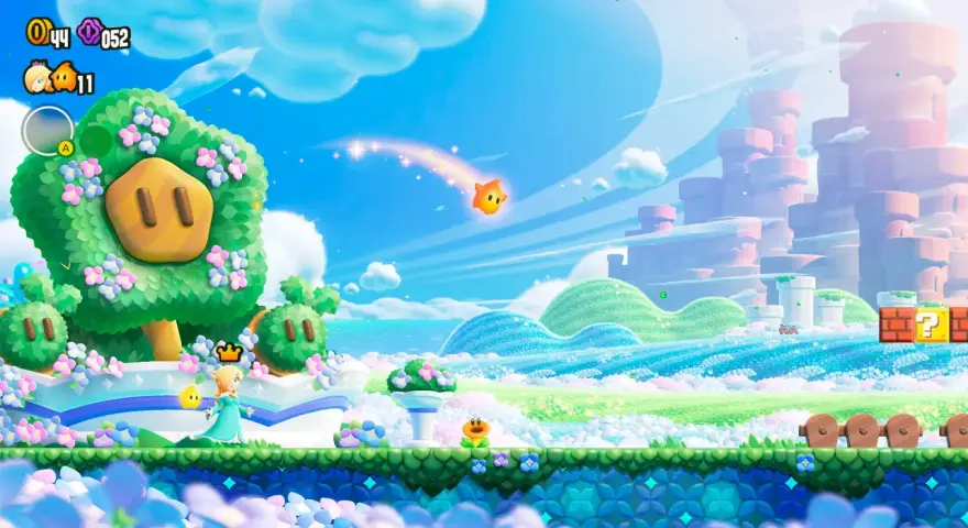 Rosalina explora un mundo especial de Mario Wonder, con un árbol con cara de cerdo, flores y un cielo vibrante.