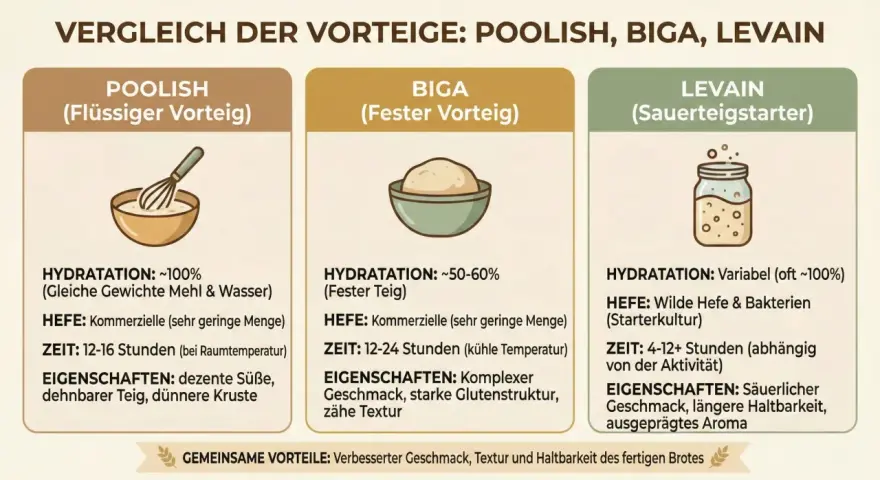 Vergleich von Vorteigen: Poolish, Biga (fester Teig) und Levain. Biga ist ein fester Teig mit ca. 50-60% Hydratation.