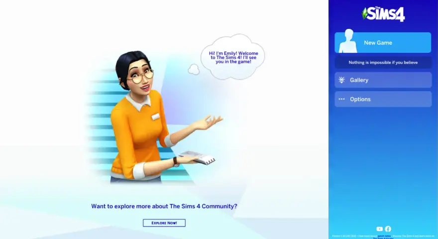 Emily da la bienvenida a The Sims 4, invitando a los jugadores a empezar una nueva partida o explorar la galería.