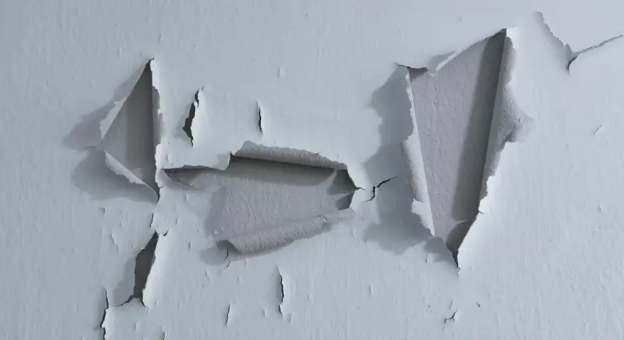 Pintura desconchada revela capas de color gris bajo la superficie blanca.