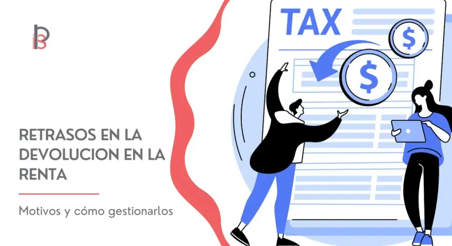 Ilustración de personas gestionando retrasos en la devolución de la renta, con un documento de TAX y monedas de dólar.