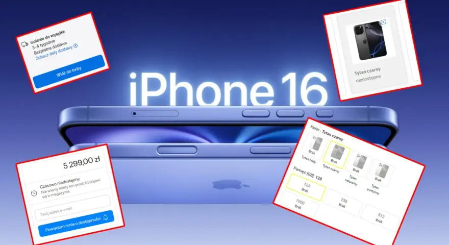 Nowy iPhone 16 w kolorze tytan czarny, z informacjami o cenie i dostępności.