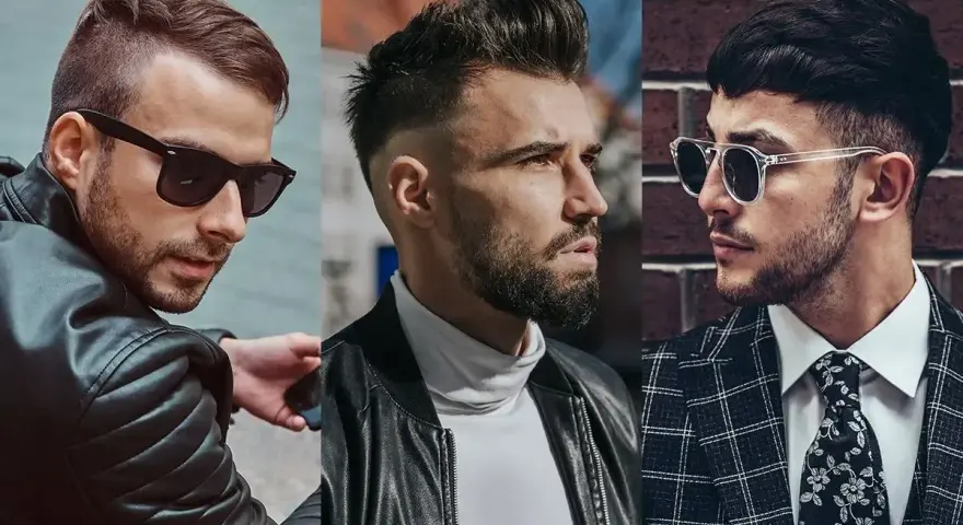 Trzech mężczyzn w stylowych fryzurach. Jeden z nich ma modną french crop, drugi zaczesane włosy do góry, a trzeci krótkie włosy z grzywką.
