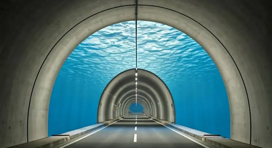 An underwater tunnel with a road leading into the distance. This surreal scene makes you wonder, does the Eurostar go underwater?
