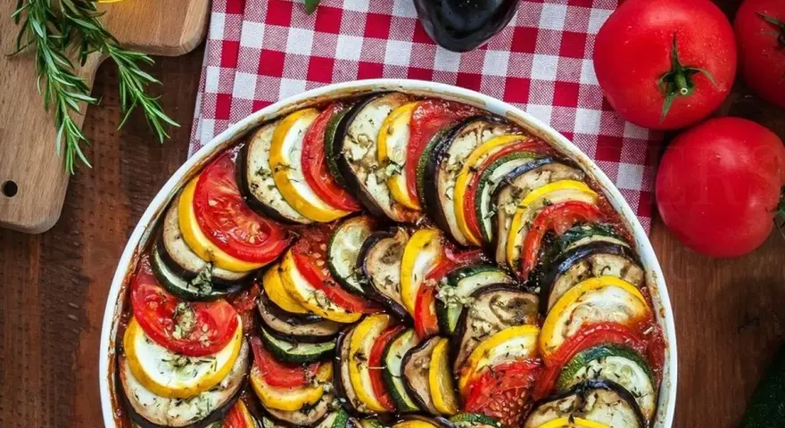 Kolorowy ratatouille przepis w naczyniu, ułożony z plastrów cukinii, bakłażana i pomidorów. Obok świeże warzywa i zioła.