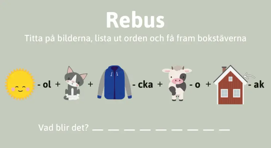 Rebus puzzle with images of a sun, cat, jacket, cow, and house, with text and symbols.