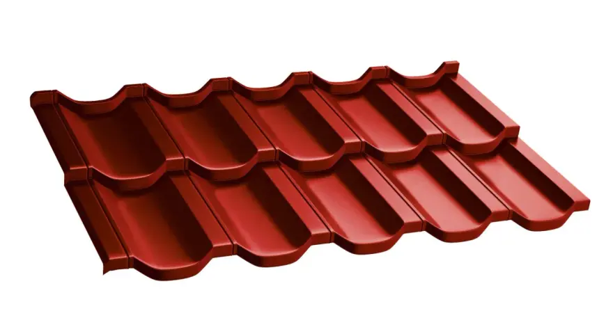 Dachówka modułowa w kolorze ral czerwony, imitująca tradycyjną dachówkę ceramiczną, nadaje budynkowi ciepły i przytulny wygląd.