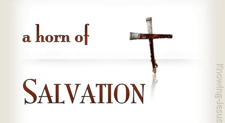 A cross made of nails, stained with blood, symbolizes the horn of salvation. Text reads "a horn of SALVATION.