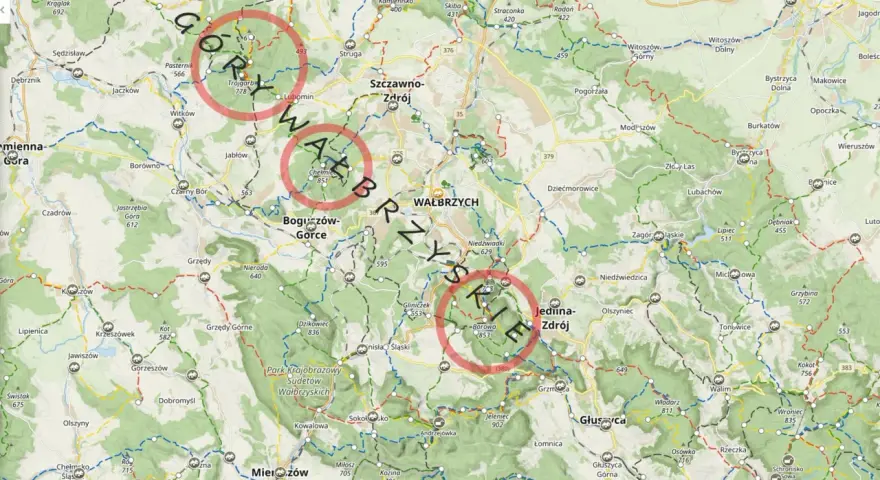 Góry Wałbrzyskie szlaki: mapa z zaznaczonymi trasami pieszymi i rowerowymi, w tym w okolicach Boguszowa-Gorc i Jedliny-Zdroju.