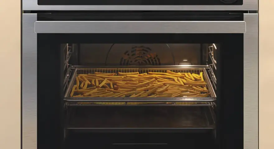 Horno con una bandeja llena de patatas fritas en su interior.
