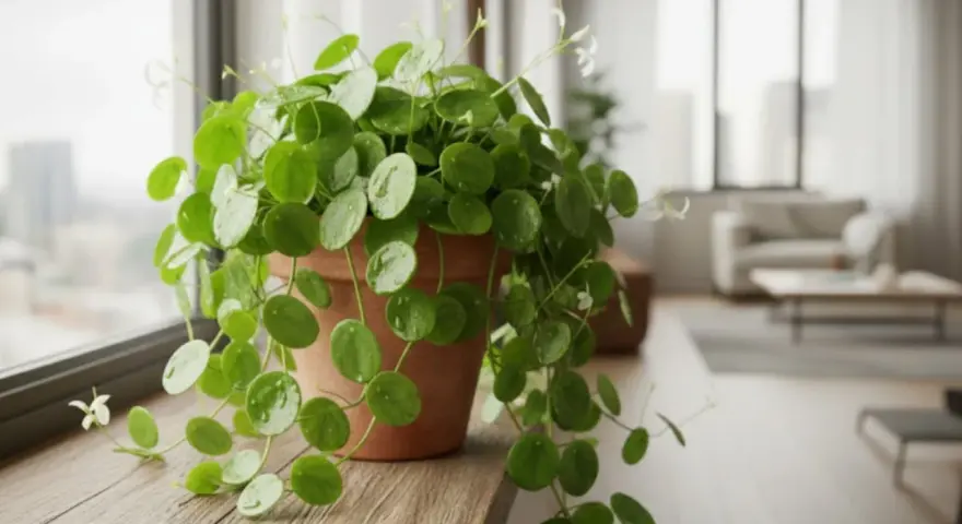 Planta del dinero en maceta de terracota, ideal para colocar cerca de una ventana luminosa. Sus hojas redondas y verdes aportan vida al hogar.