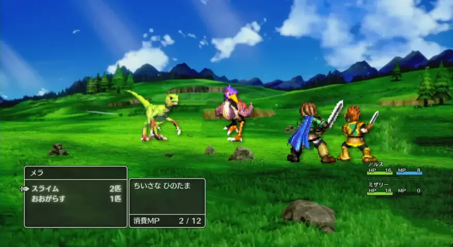 Combate en un campo verde, un dinosaurio y un pájaro contra dos guerreros. Un **golden sun remake** con estilo retro.
