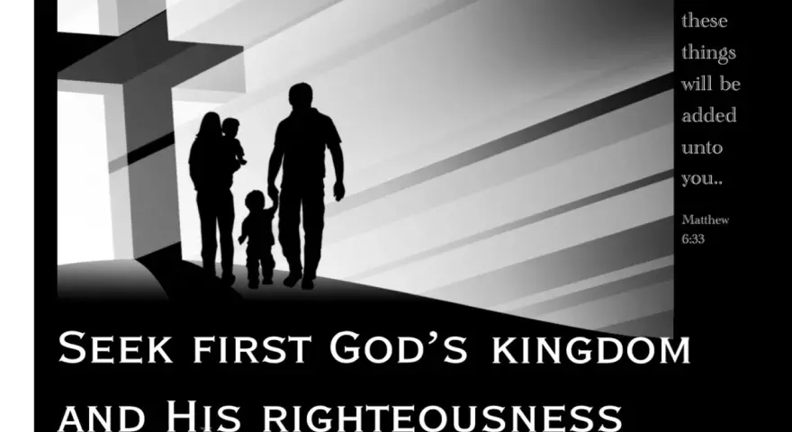 A family walks towards a glowing cross, symbolizing their commitment to seek first the kingdom of God.