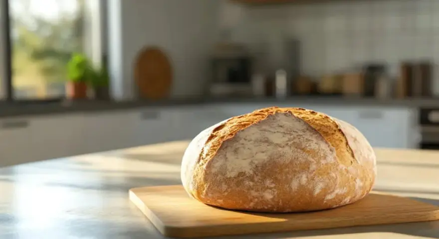 Ein frisch gebackenes Brot liegt auf einem Holzbrett. Der Teig ging perfekt auf, ein Beweis, dass der Sauerteig diesmal stimmte.