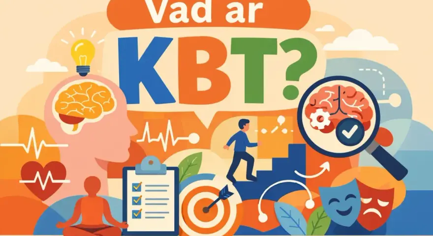 Illustration om beteendeanalys KBT. Visar hjärna, meditation, mål, trappor, och känslomasker.