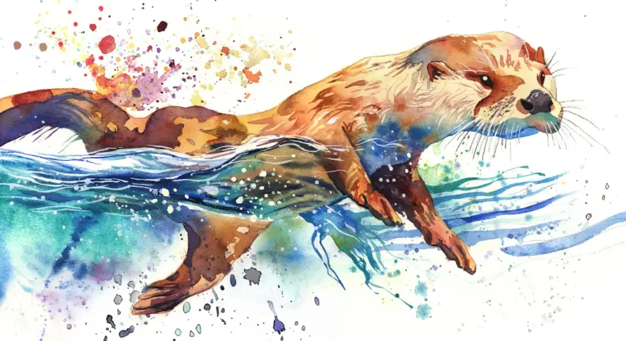 Un dessin à l'aquarelle d'une loutre nageant joyeusement dans des eaux bleues et vertes, avec des éclaboussures de couleurs vives.