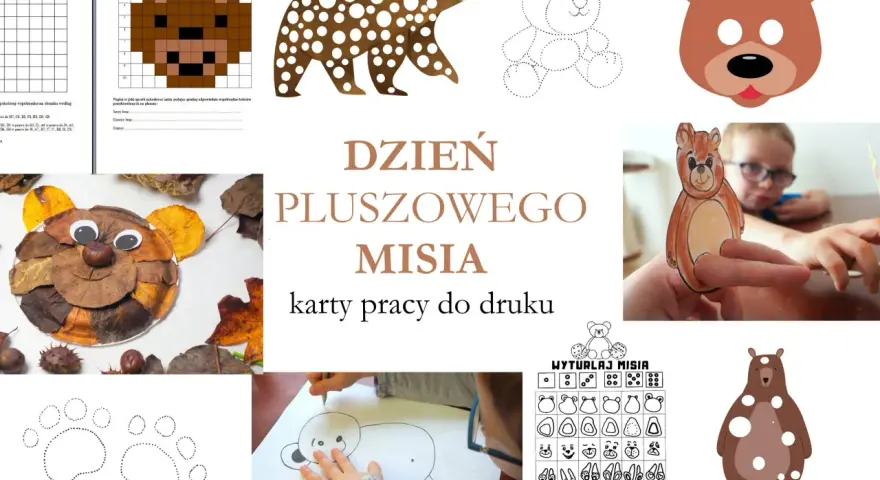 Kolaż z różnymi wizerunkami misiów: rysunki, maska, misie z liści, karty pracy.
