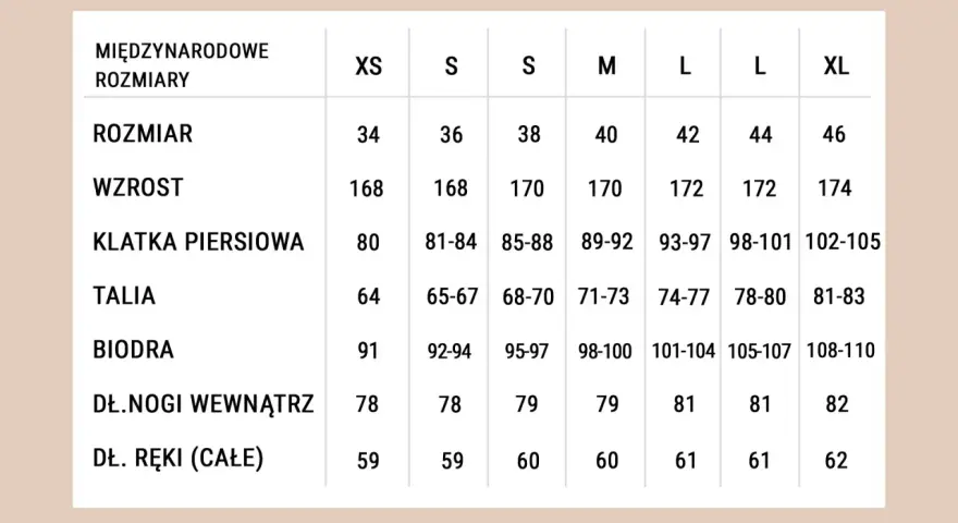 Tabela rozmiarów: wzrost 170 cm odpowiada rozmiarowi M (40), obwód klatki 89-92 cm, talii 71-73 cm, bioder 98-100 cm.