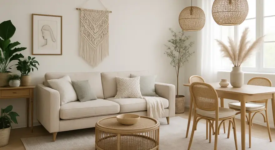 Salón con sofá beige, mesa de centro de ratán y mesa de comedor con sillas de mimbre. Decoración estilo boho con macramé y plantas.