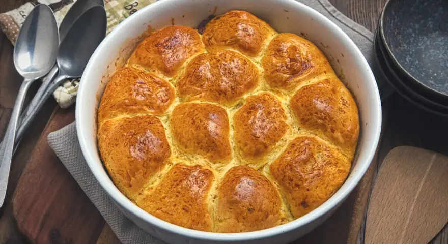 Goldbraune Buchteln, frisch aus dem Ofen, warten darauf, nach diesem köstlichen Buchteln Rezept genossen zu werden.