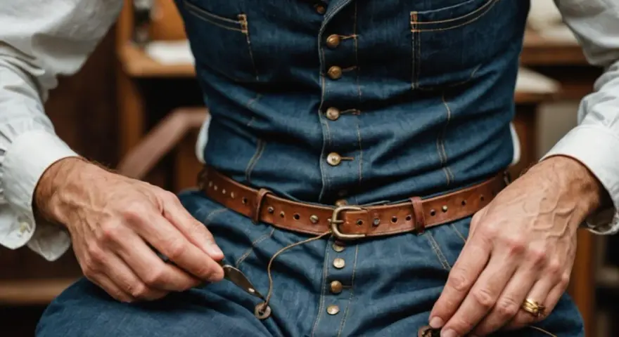 Mężczyzna w białej koszuli i kamizelce z denimu, z brązowym paskiem, szyje przy użyciu igły i nici. Materiał kamizelki to wytrzymały twill.