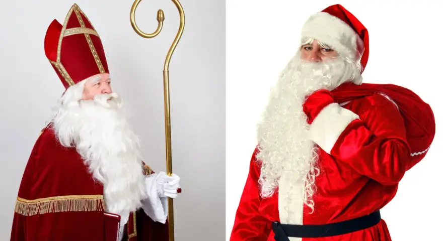 Links: Bischof Nikolaus mit Mitra und Stab. Rechts: Weihnachtsmann mit Bart und Sack. So sieht der Nikolaus aus, aber auch der Weihnachtsmann!