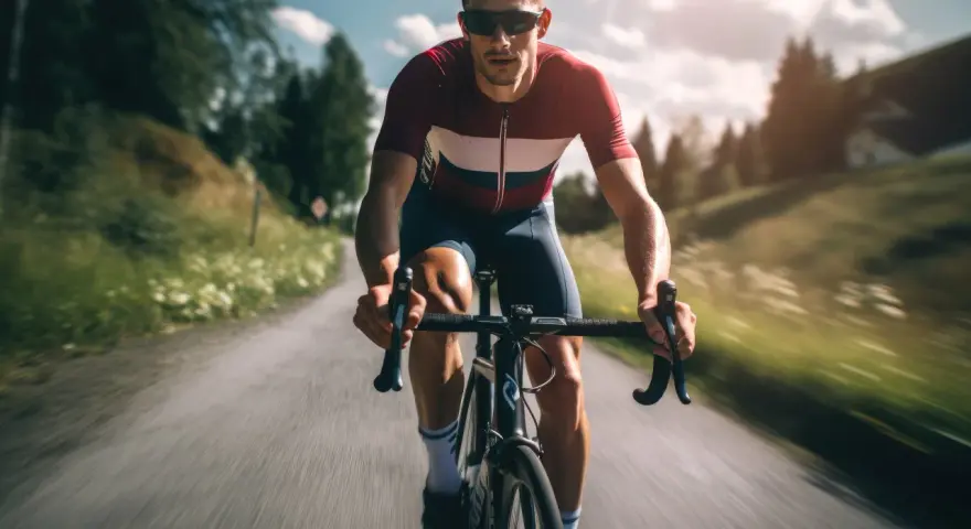Kolarz w okularach i sportowym stroju pokonuje podjazd. Intensywny split trening na górskiej drodze.