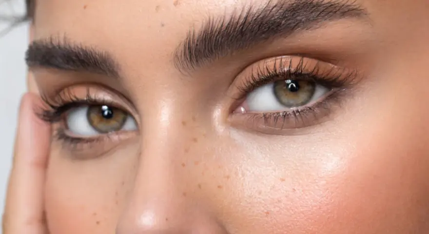 Ojos con pestañas largas y cejas oscuras, resultado de un perfecto teñir cejas. Piel con pecas y rubor rosado.