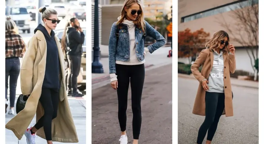 Trois femmes portent des leggings noirs avec des baskets blanches. L'une a un long manteau beige, l'autre une veste en jean, et la troisième un manteau camel.