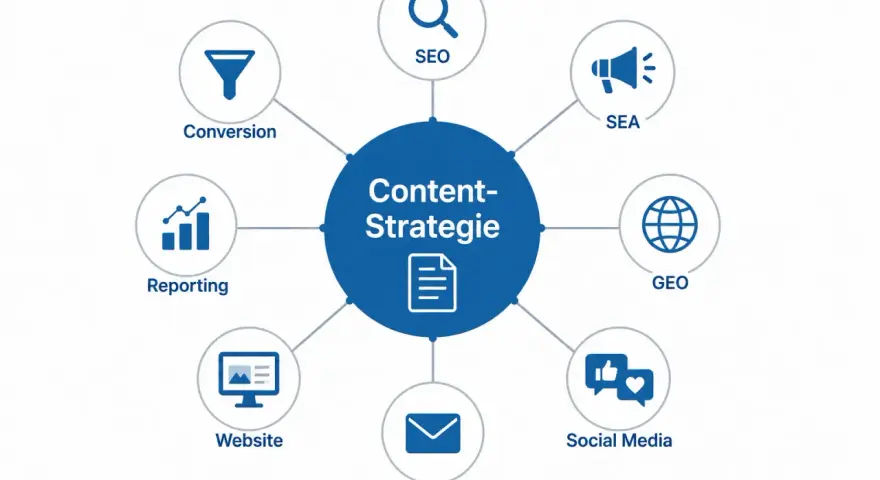 Diagramm zeigt die Elemente einer Content-Strategie: SEO, SEA, GEO, Social Media, E-Mail, Website, Reporting und Conversion. Content Optimierung ist der Schlüssel.