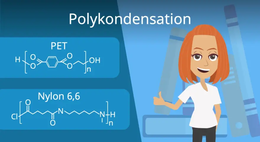 Chemie-Illustration mit PET- und Nylon-6,6-Strukturen, die den Prozess der Polykondensation erklären. Eine lächelnde Frau gibt Daumen hoch.