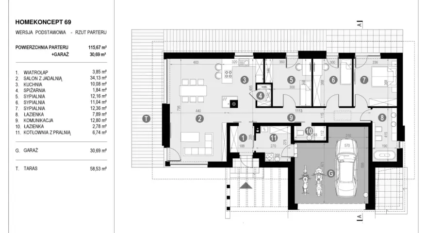 Rzut parteru projektu HOMEKONCEPT 69 z salonem, kuchnią, sypialniami, łazienkami, kotłownią, garażem i tarasem.