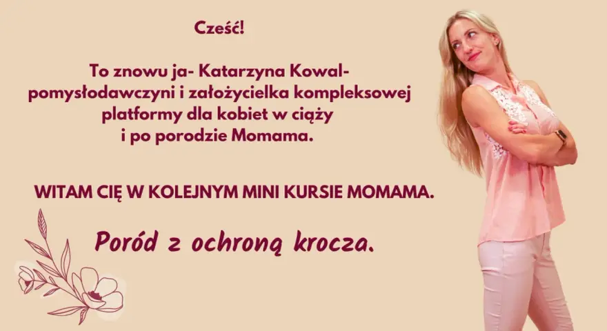 Kobieta w różowej bluzce zaprasza na kurs "Poród z ochroną krocza". Dowiedz się, jak uniknąć pęknięcia krocza.