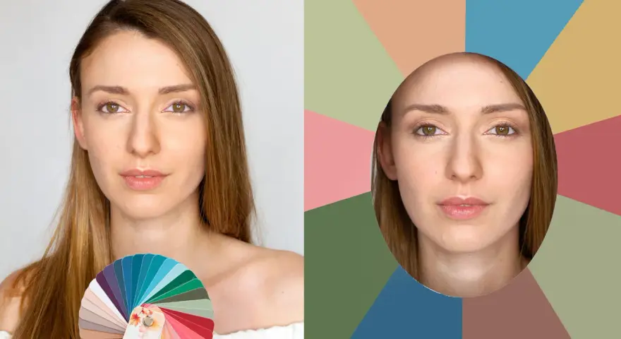 Kobieta z paletą barw, idealną dla typu urody jesień. Po prawej jej twarz w okręgu na tle geometrycznych kształtów.