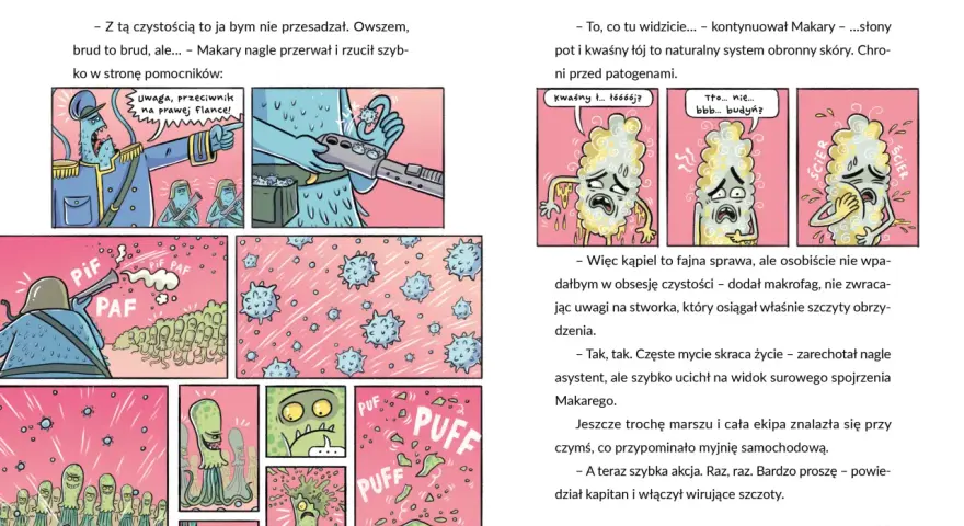 Komiksowa ilustracja z potworami w mundurach i wirusami.