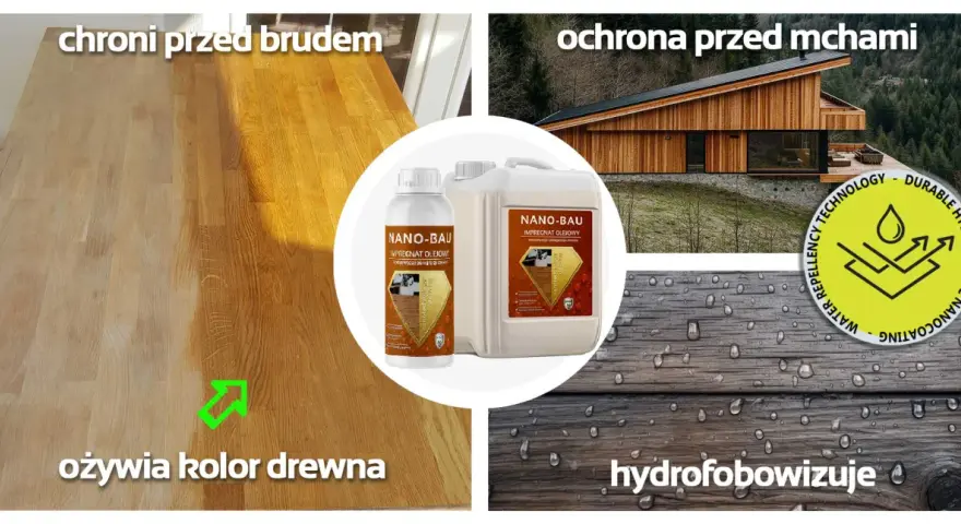 Bielenie drewna i jego ochrona przed brudem i mchami. Impregnat Nano-Bau ożywia kolor drewna i nadaje mu właściwości hydrofobowe.