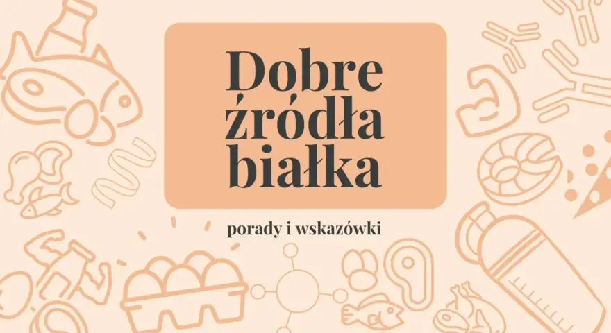 Ilustracja przedstawia różne produkty spożywcze, takie jak ryby, jajka, mięso i mleko, które są dobrymi źródłami białka.