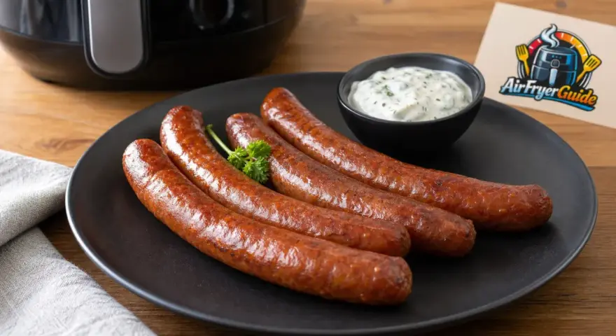 Vier gebratene Merguez-Würste auf einem Teller, serviert mit Dip. Ein Airfryer-Guide-Logo ist im Hintergrund zu sehen. Perfekt für ein schnelles Merguez Rezept.