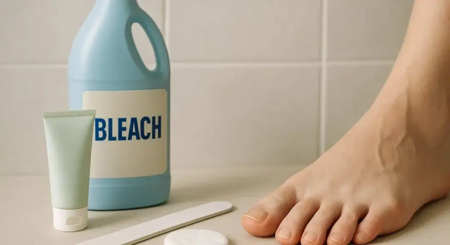 Pied sain, tube de crème, lime et flacon de javel. Un traitement efficace contre la mycose de l'ongle du pied.