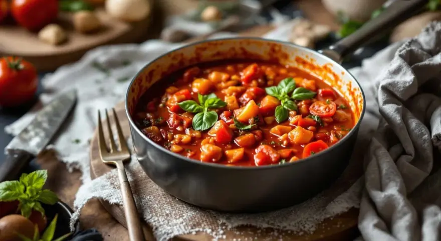 Une poêle remplie de sauce tomate maison, garnie de basilic frais. Des tomates et des herbes sont disposées autour.