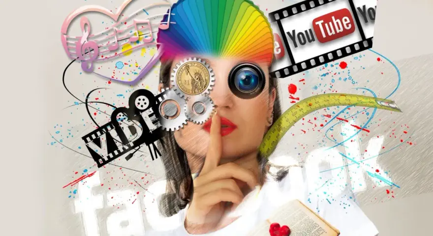 Mujer con elementos de redes sociales y diseño, simbolizando estrategias de comunicación.