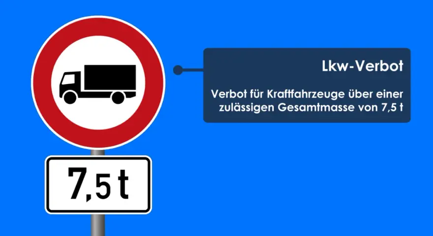 Verkehrsschild: Lkw-Verbot für Fahrzeuge über 7,5 t zulässiger Gesamtmasse.