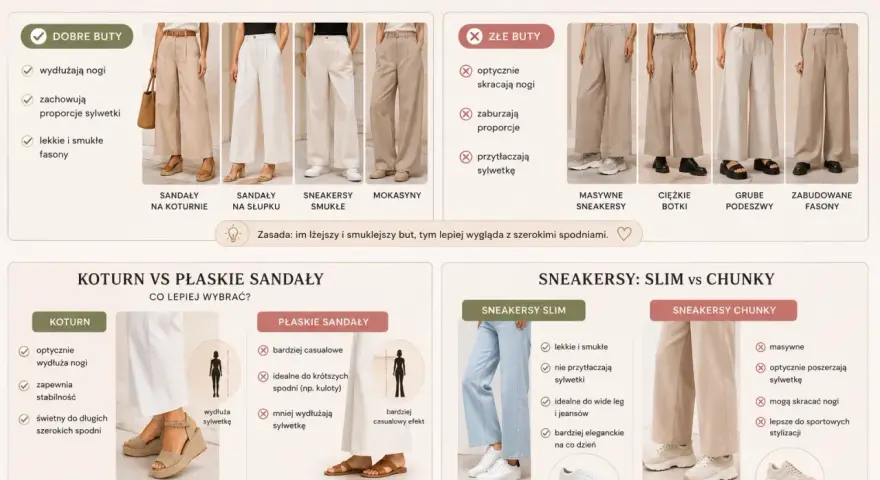 Dobre buty do szerokich eleganckich spodni to lekkie i smukłe sandały na koturnie lub słupku, które wydłużają nogi i zachowują proporcje sylwetki.