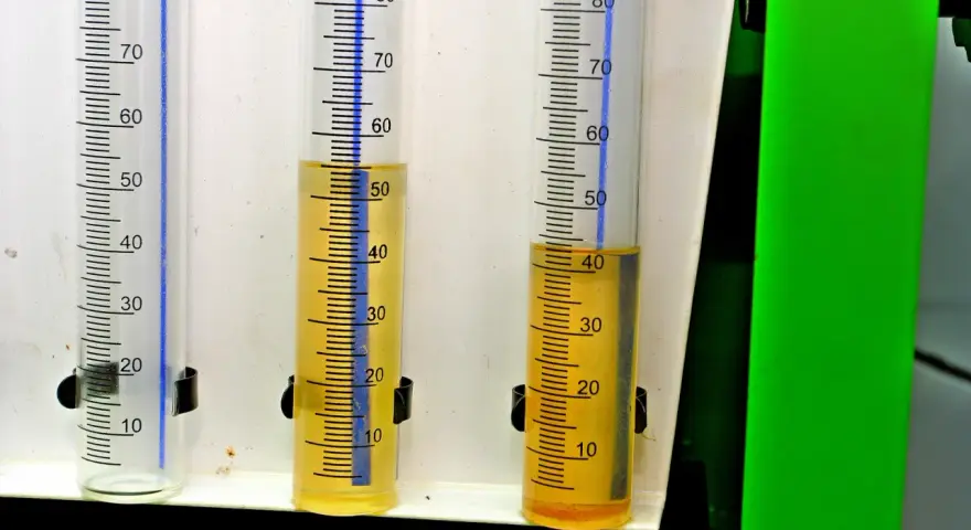 Trzy menzurki z podziałką. W dwóch z nich widać żółty płyn, prawdopodobnie benzyna w oleju, na poziomie około 50 i 40 ml.